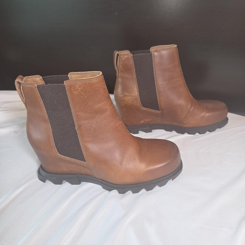 Sorel Chelsea Boots Womens 10 Brown Joan of Arc Wedge III Leather Ankle Lug Sole